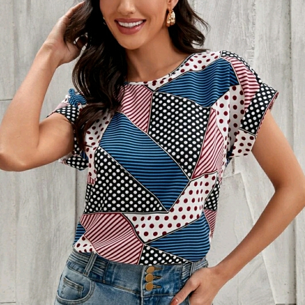 Patchwork Print Dolman Sleeve Top